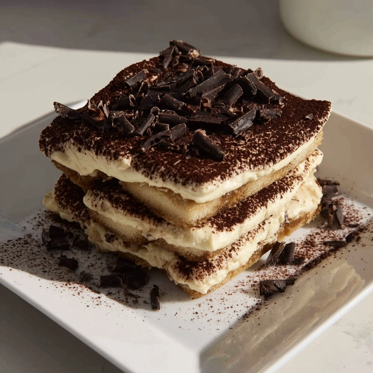 Enjoy the Easy Tiramisu with rich cocoa and chocolate shavings, evoking its chilled, velvety layers ideal for American gatherings.