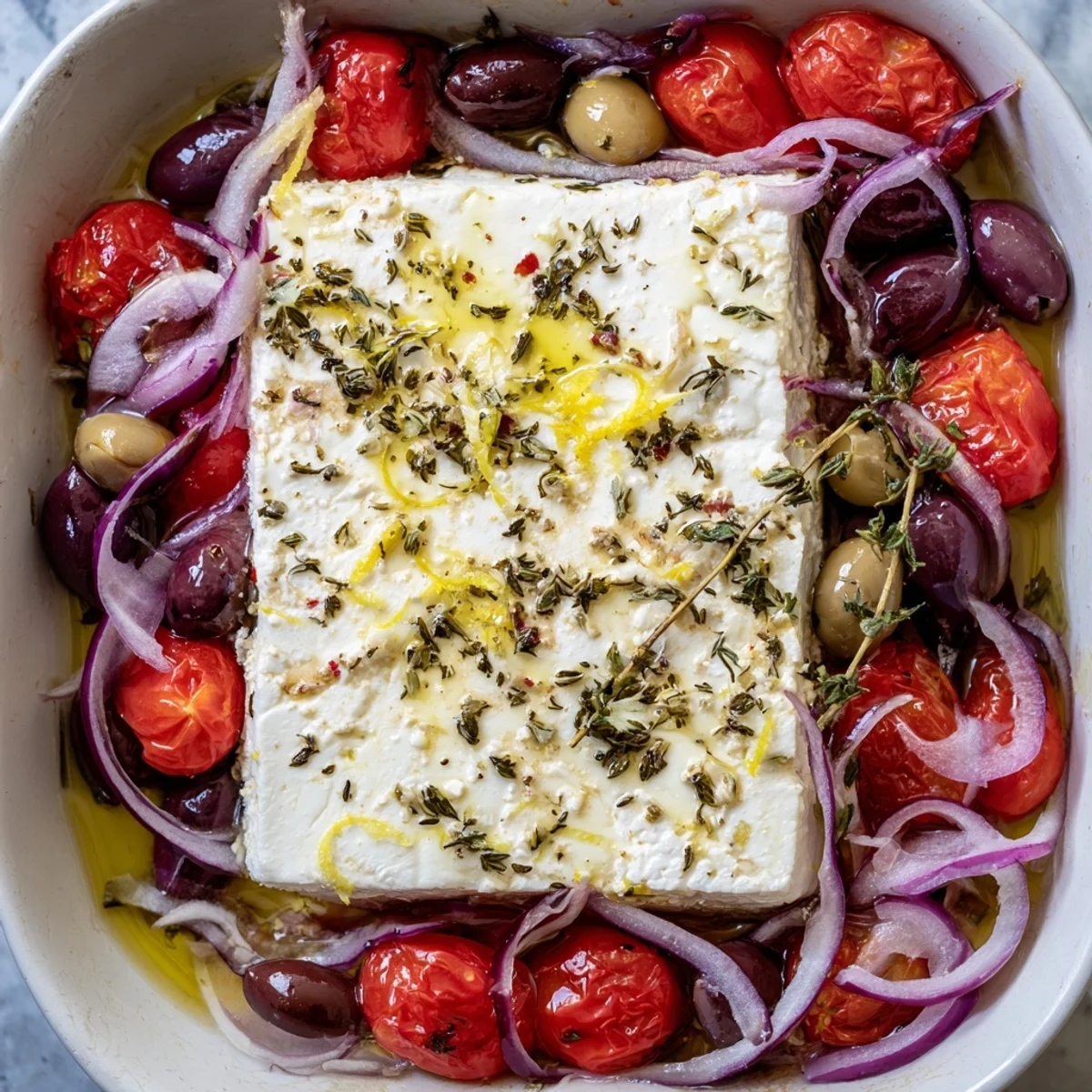 Freshly baked Mediterranean Baked Feta Appetizer with bubbling tomatoes and olives served warm with crusty bread.