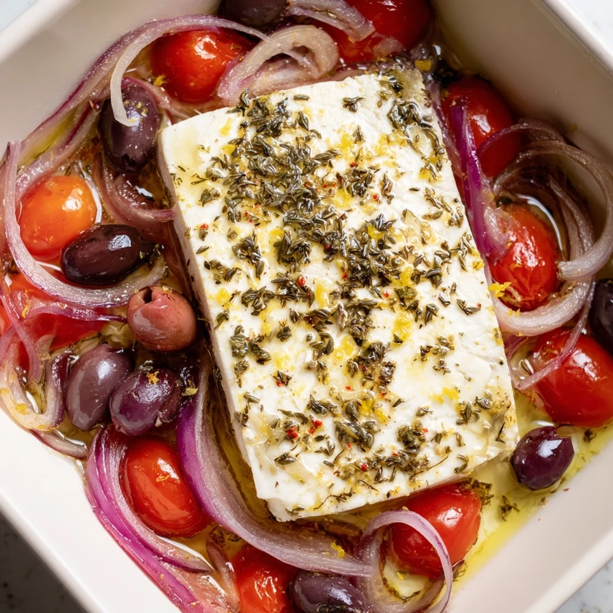 Sizzling Mediterranean Baked Feta Appetizer in a skillet, topped with oregano, thyme, and a drizzle of olive oil.