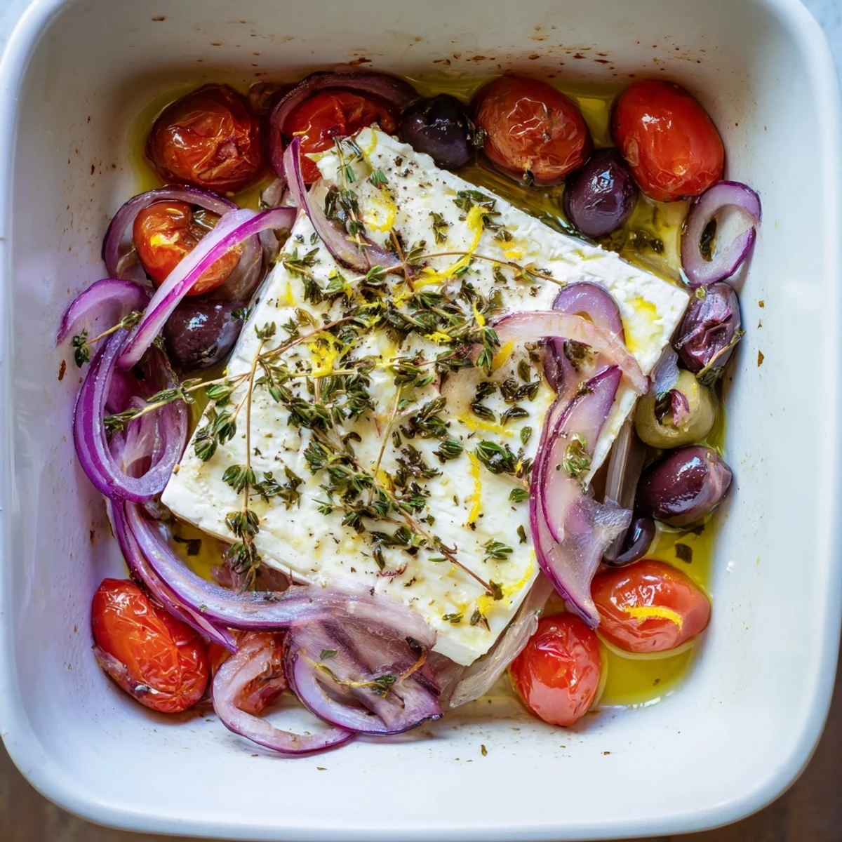 Golden Mediterranean Baked Feta Appetizer beside a plate of sliced pita, perfect for a vegetarian appetizer spread.