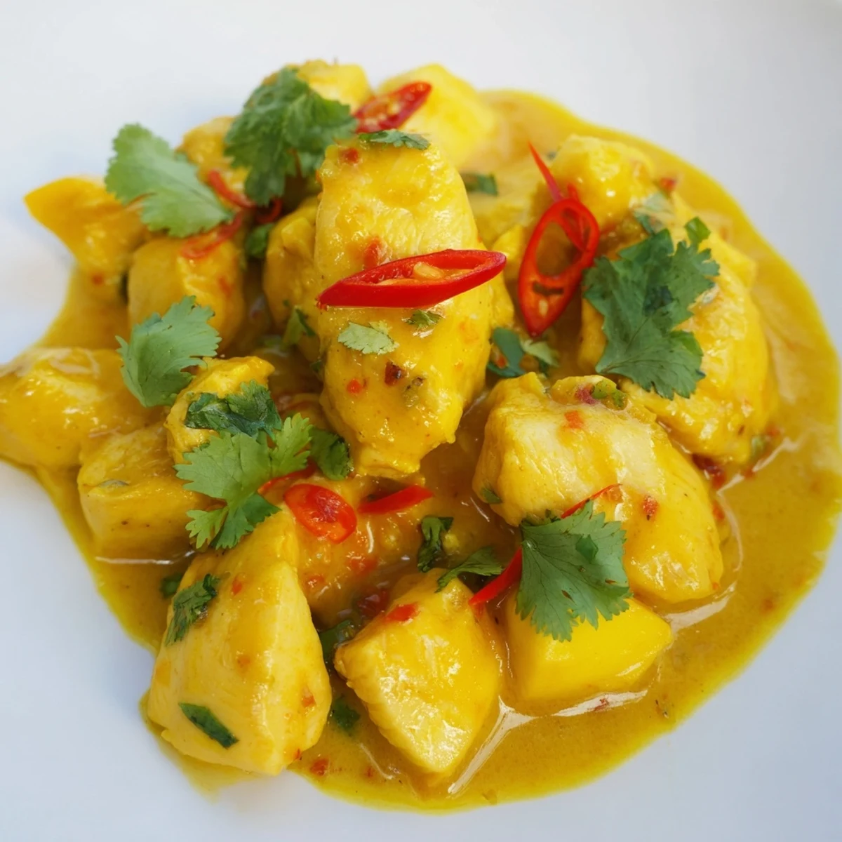 Juicy chicken pieces in Mango Chicken Curry simmer in a creamy coconut mango sauce, garnished with fresh cilantro on a plate beside fluffy white rice.