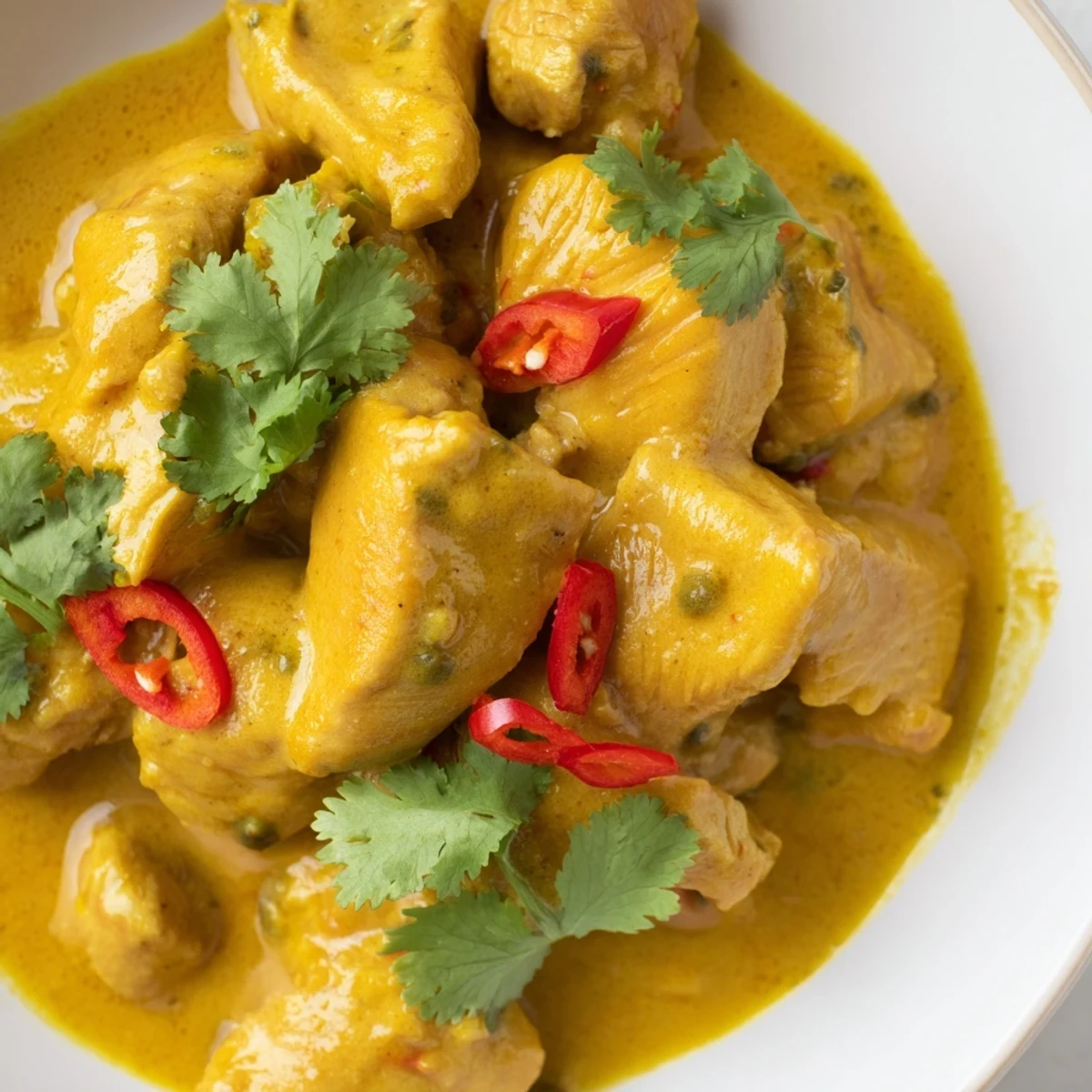 A close-up of Mango Chicken Curry reveals tender chicken coated in a vibrant orange sauce, with steam rising and a sprinkle of sliced red chili on top.