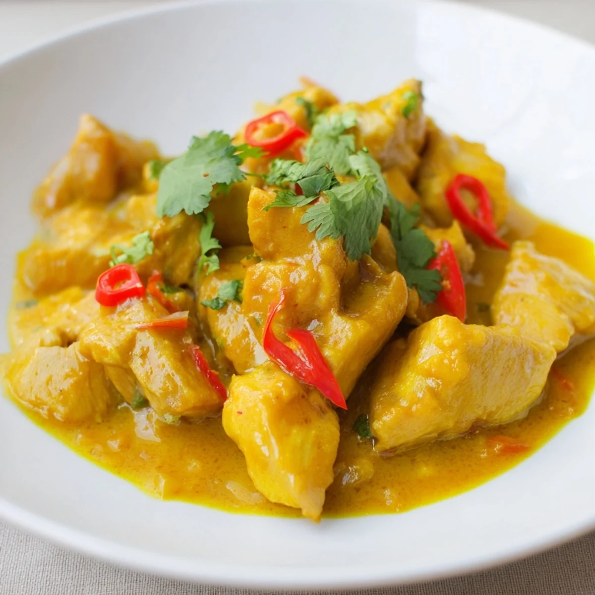 Serve Mango Chicken Curry hot in a bowl, featuring succulent chicken in a rich, golden sauce, paired with a side of warm naan bread for dipping.