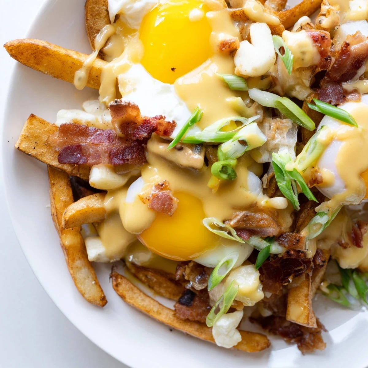 Golden crispy fries topped with fresh cheese curds, savory bacon, and a sunny-side-up egg, drizzled with creamy Ultimate Breakfast Poutine Hollandaise sauce.