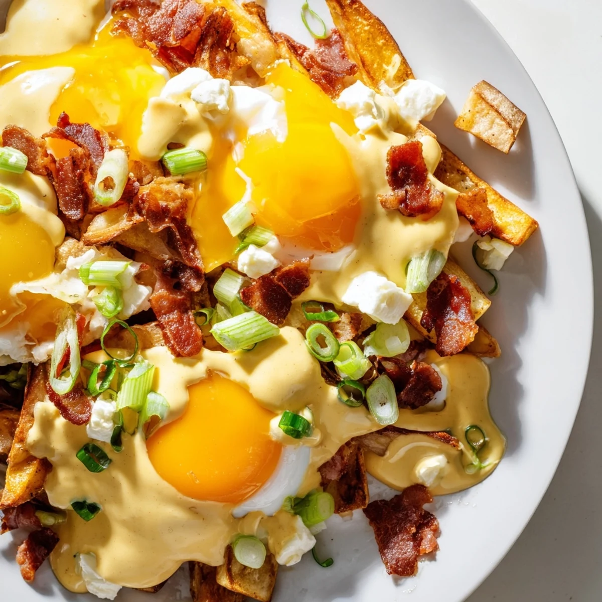 A close-up of Ultimate Breakfast Poutine featuring scrambled eggs, crumbled bacon, and melted cheese curds over hot fries with rich hollandaise.