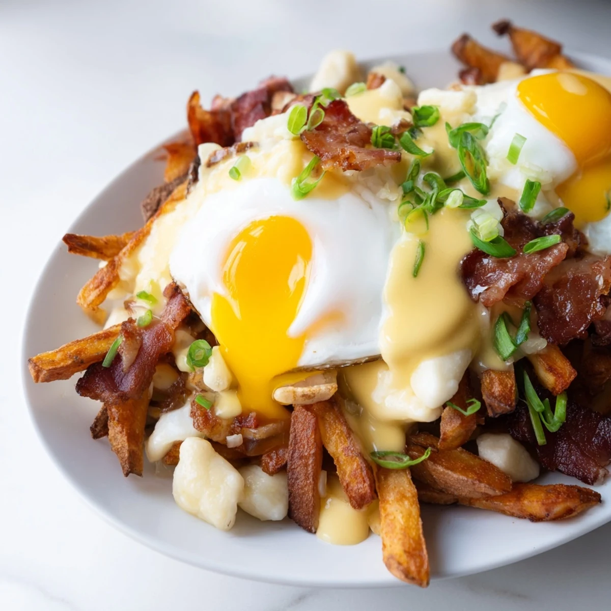 Ultimate Breakfast Poutine brunch dish with russet potato fries, green onions, and a generous pour of homemade hollandaise sauce on a plate.