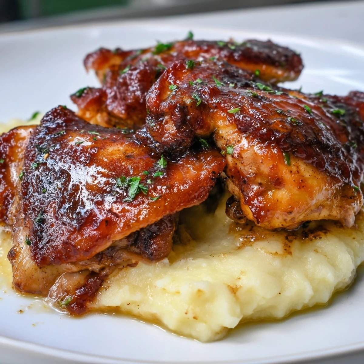 Close-up of golden chipotle honey chicken thighs beside fluffy smoked Gouda potatoes for a comforting dinner.
