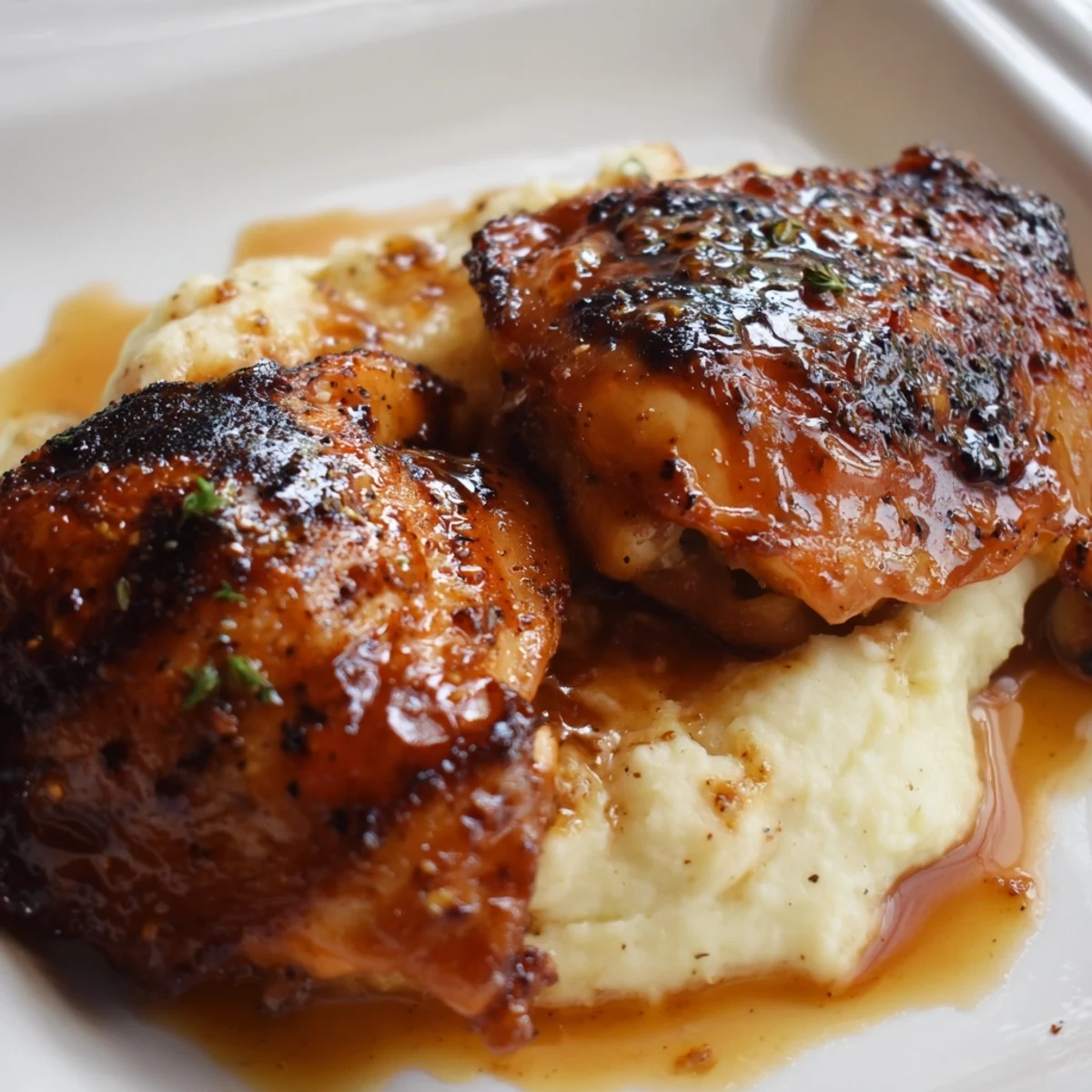 Caramelized chipotle honey chicken thighs on creamy smoked Gouda mashed potatoes garnished with fresh chives.