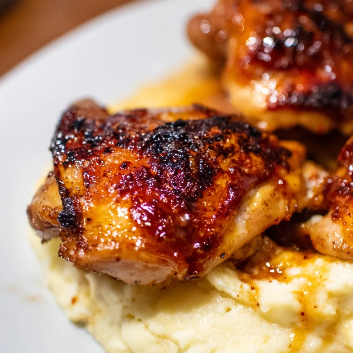Sizzling chipotle honey chicken thighs served over rich smoked Gouda potatoes with a side of greens.