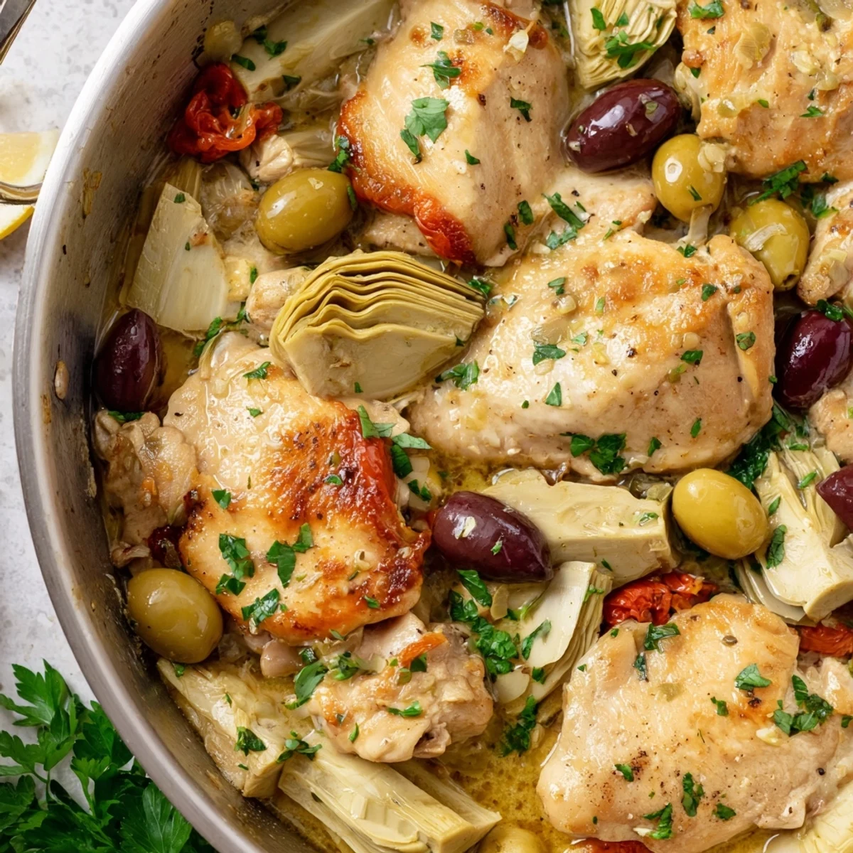 Golden-brown Mediterranean Lemon Chicken nestled among marinated artichoke hearts, halved cherry tomatoes, and briny olives in a rustic skillet.