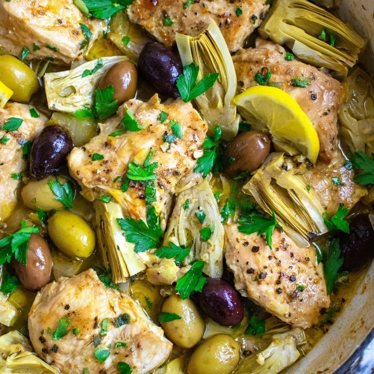 Savory Mediterranean Lemon Chicken with vibrant green olives and red onions, served hot from the oven with fresh parsley garnish.