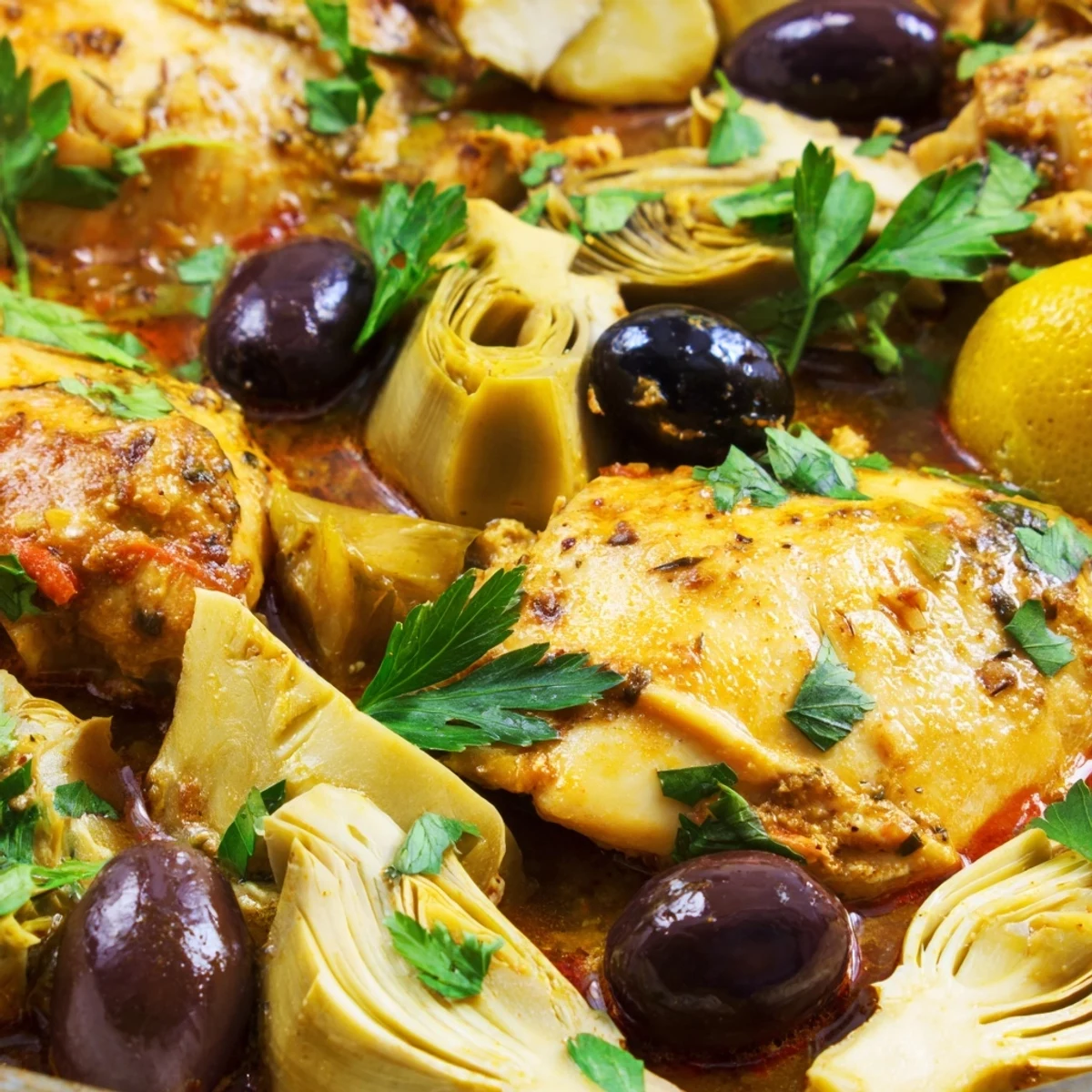 Zesty Mediterranean Lemon Chicken and tender artichokes baking in a skillet, releasing fragrant steam over colorful cherry tomatoes and olive mixture.