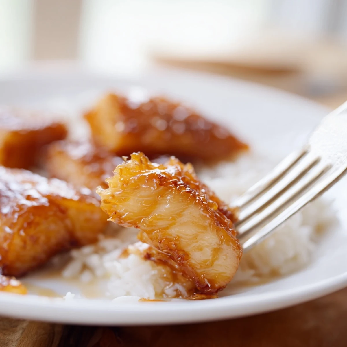 Golden crispy Sweet & Spicy Cod Strips with Chili-Garlic Drizzle over Rice are plated on a rustic table with lime wedges and fresh green onions nearby.