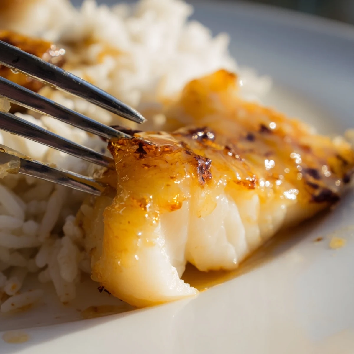 A close-up photo of Sweet & Spicy Cod Strips with Chili-Garlic Drizzle over Rice, showing golden-brown fish pieces glistening with glaze atop fluffy white rice.