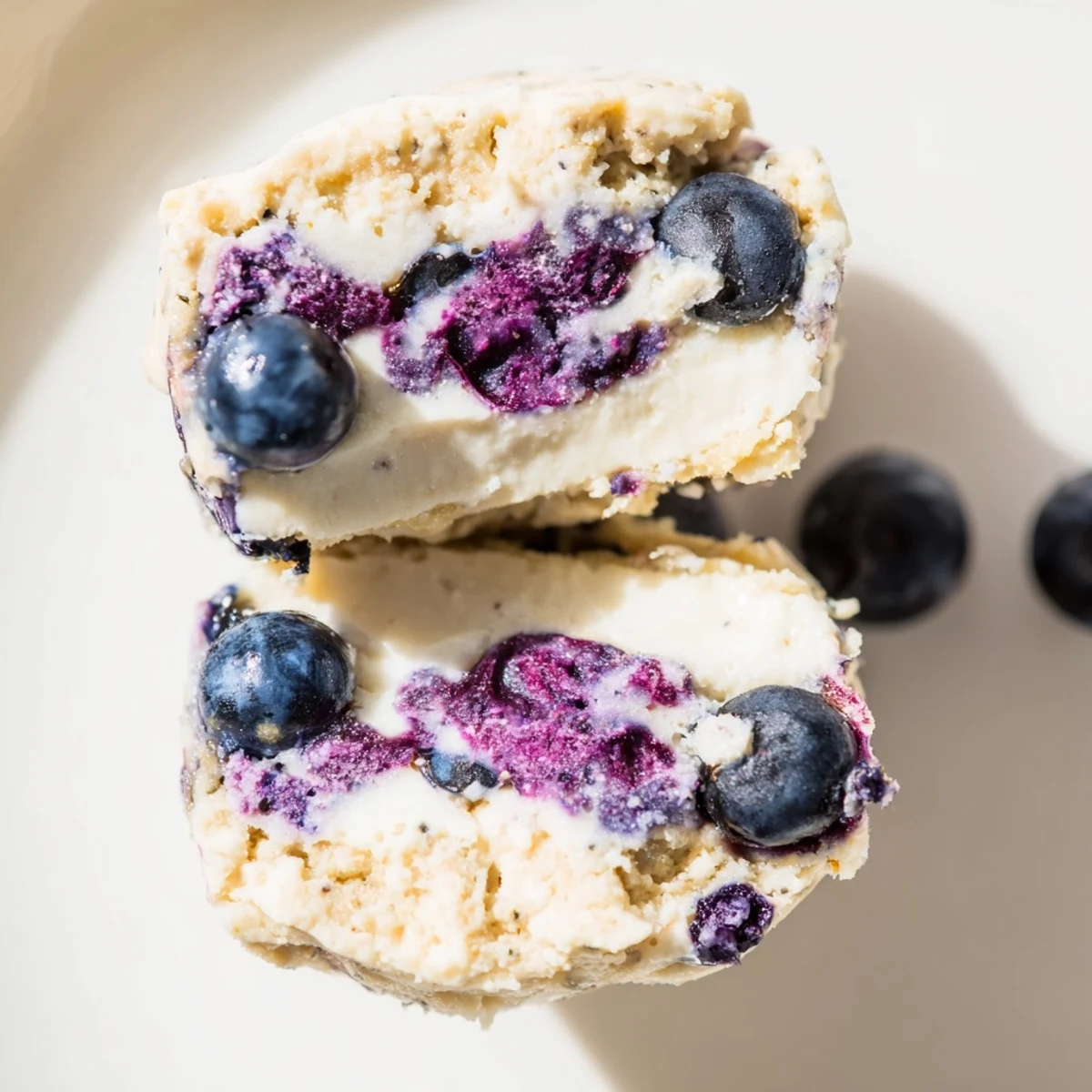 Four Blueberry Cheesecake Protein Bites arranged on a white plate with a small bowl of fresh blueberries.
