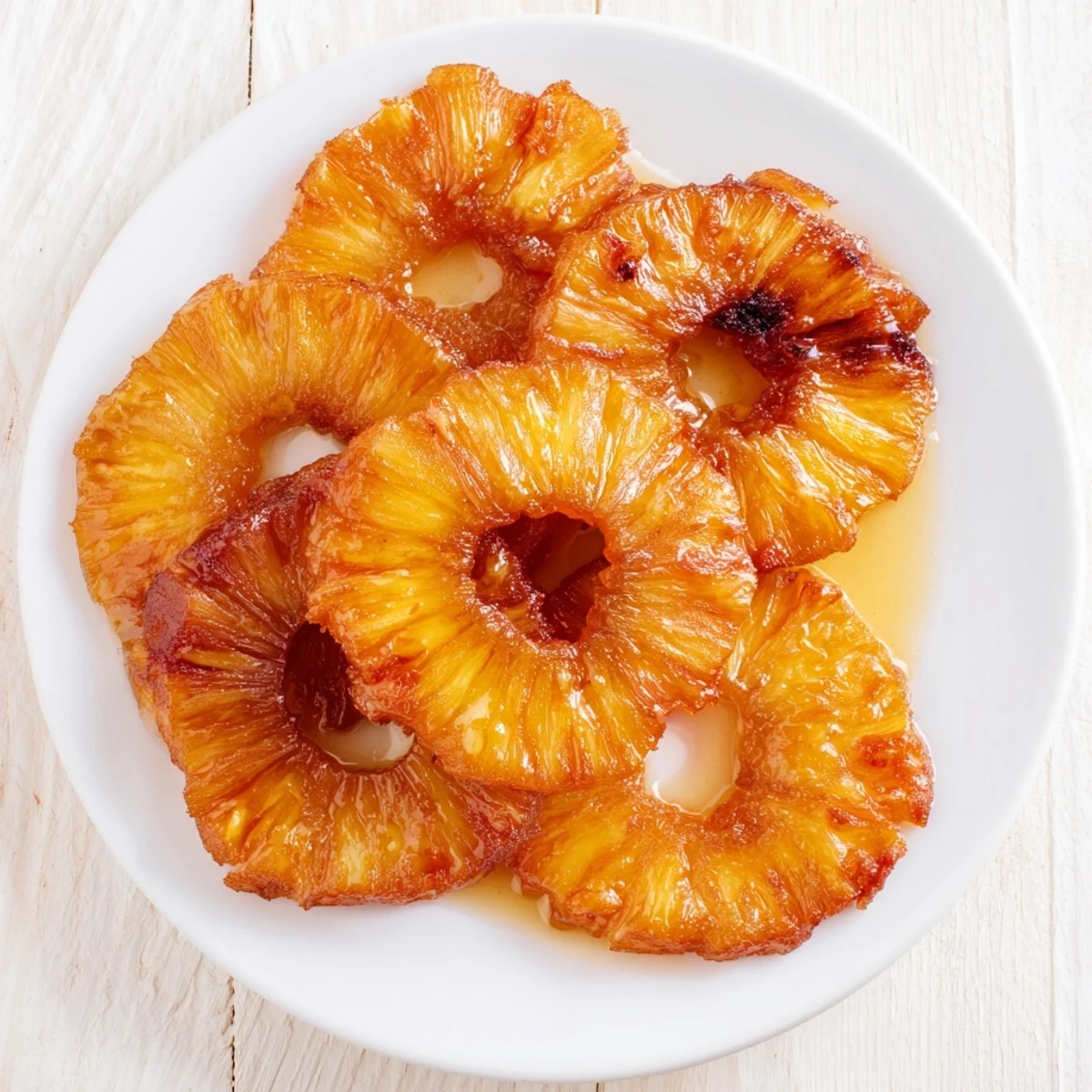 Battered and fried Rum-Soaked Fried Pineapple rings drain on paper towels, showing off their golden-brown texture after a quick fry in hot oil.