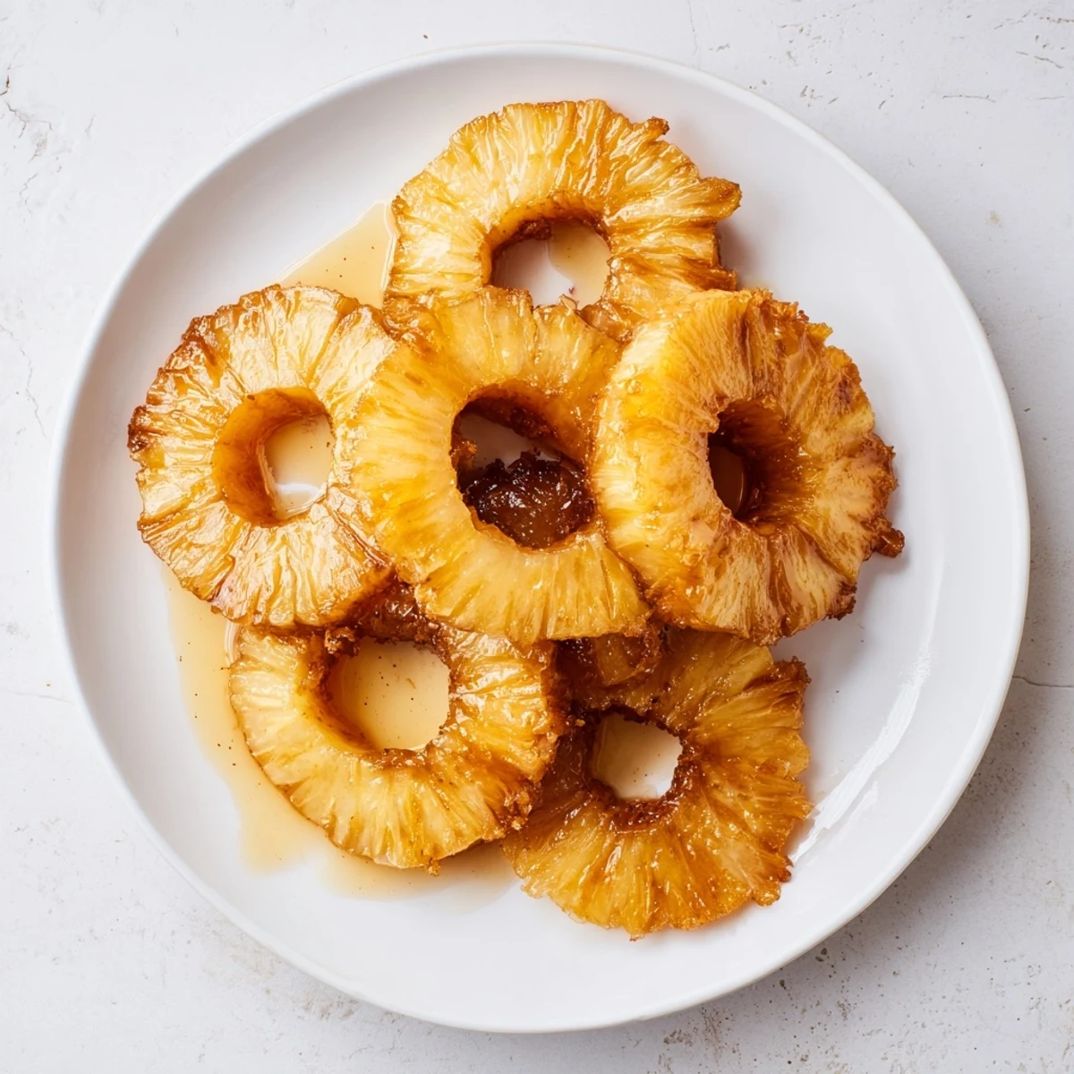 Caramelized Rum-Soaked Fried Pineapple pieces glisten on a plate, with a scoop of melting vanilla ice cream and a sprinkle of cinnamon nearby.