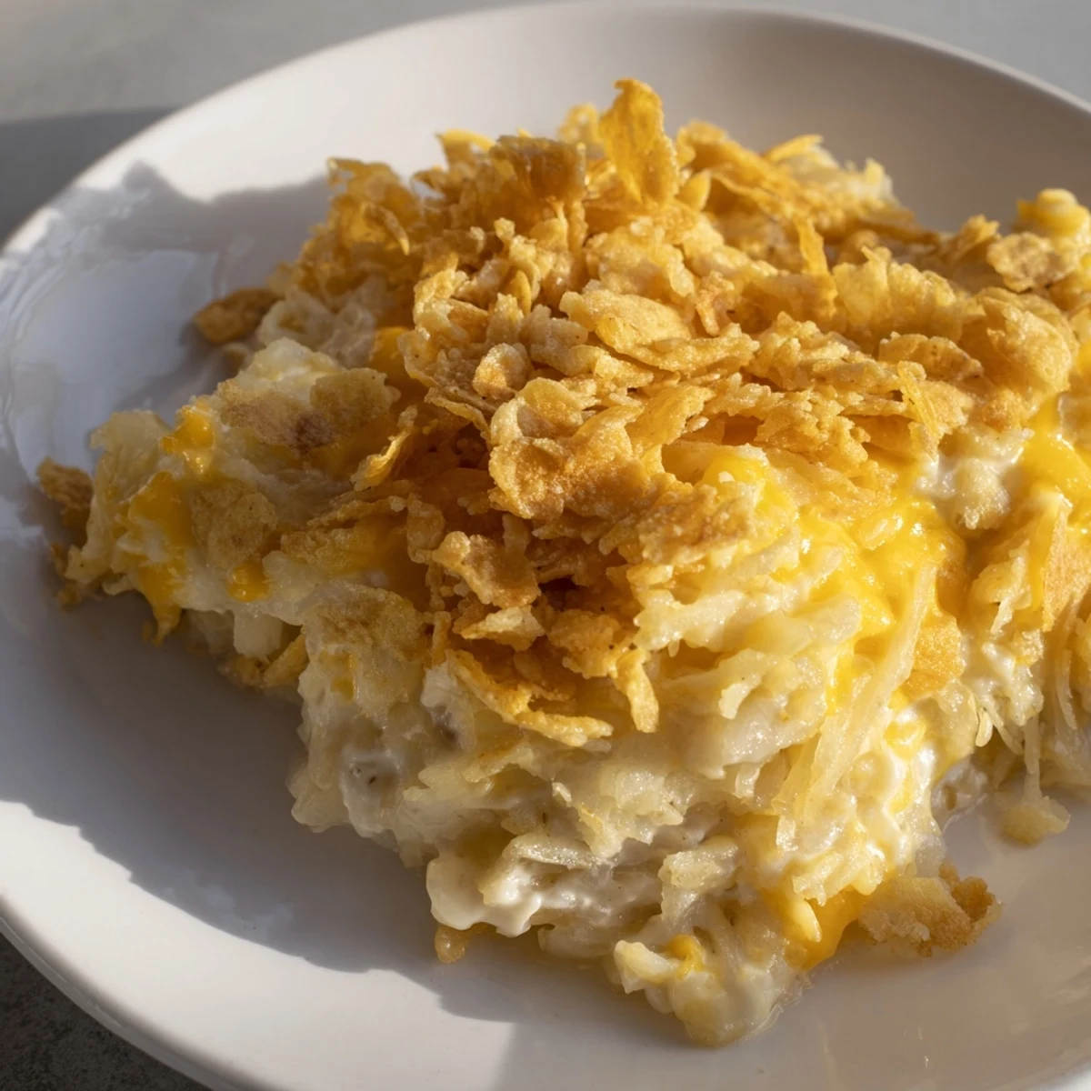 Golden-brown Funeral Potatoes with Hashbrowns bubbling from the oven, showcasing a crispy cornflake topping over creamy, cheesy layers in a serving dish.