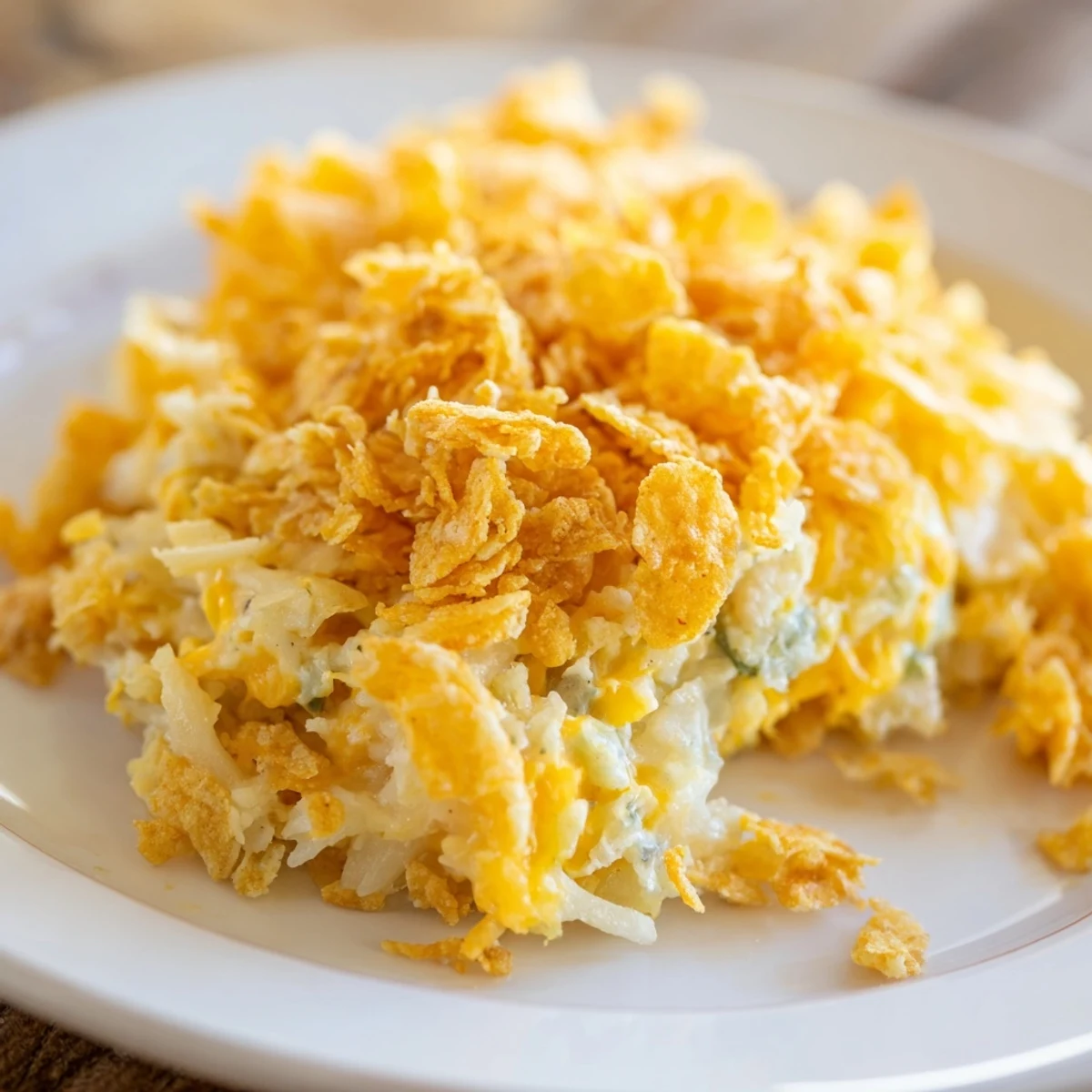 A close-up of Funeral Potatoes with Hashbrowns, revealing the rich, creamy texture and melted cheddar cheese inside a golden, crunchy casserole.