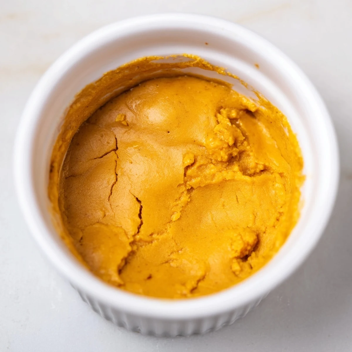 Steaming baked pumpkin spice pudding in a water bath inside a cozy, preheated oven.