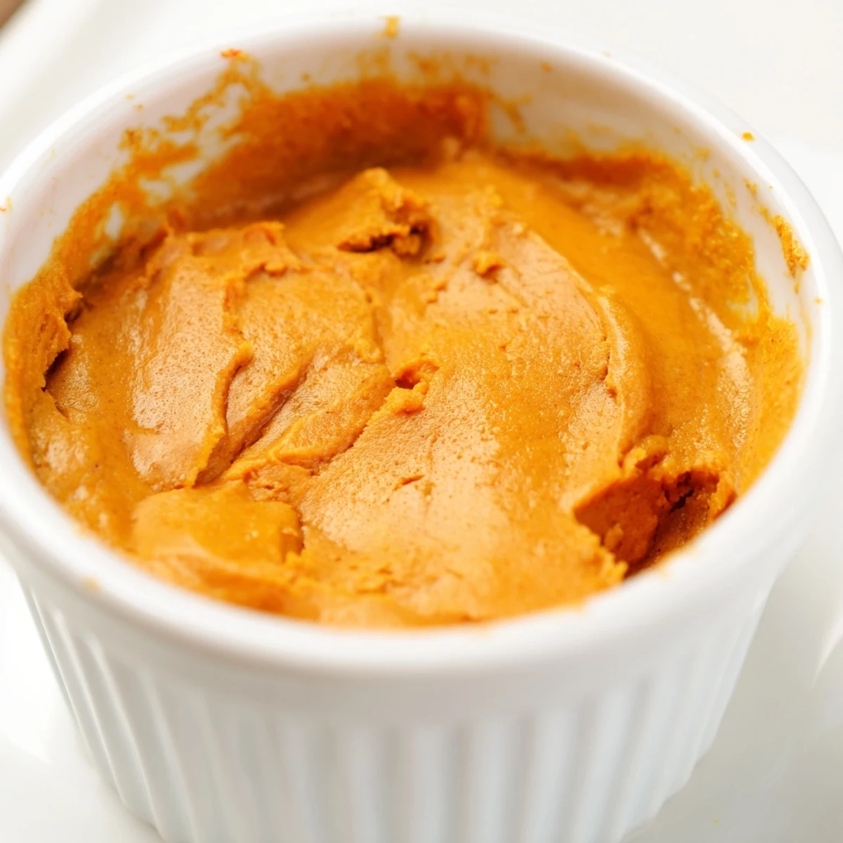 Freshly baked pumpkin spice pudding cooling on a rustic wooden table for autumn.