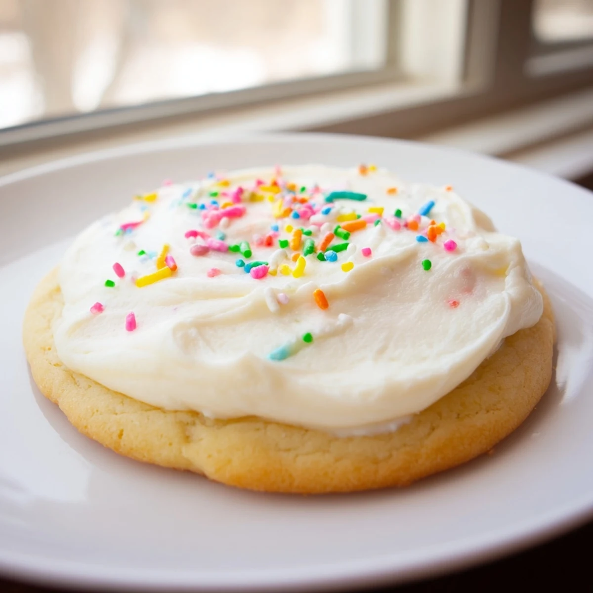 Soft sour cream sugar cookies with cream cheese frosting on a rustic wooden serving board.