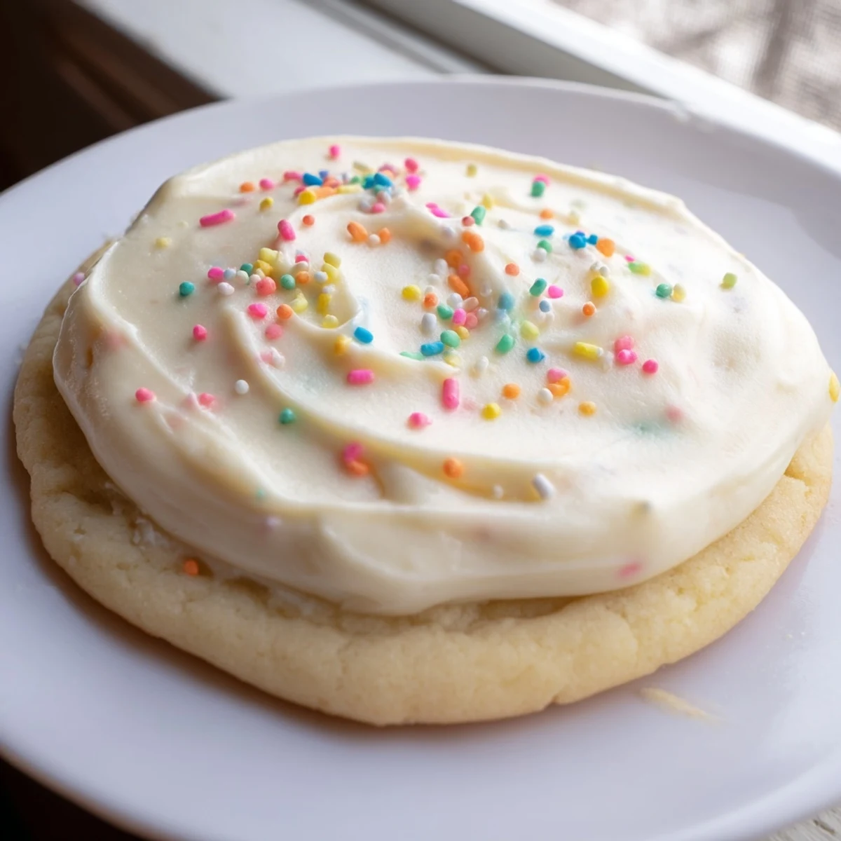 Stack of soft sour cream sugar cookies with cream cheese frosting and colorful sprinkles on a white plate.