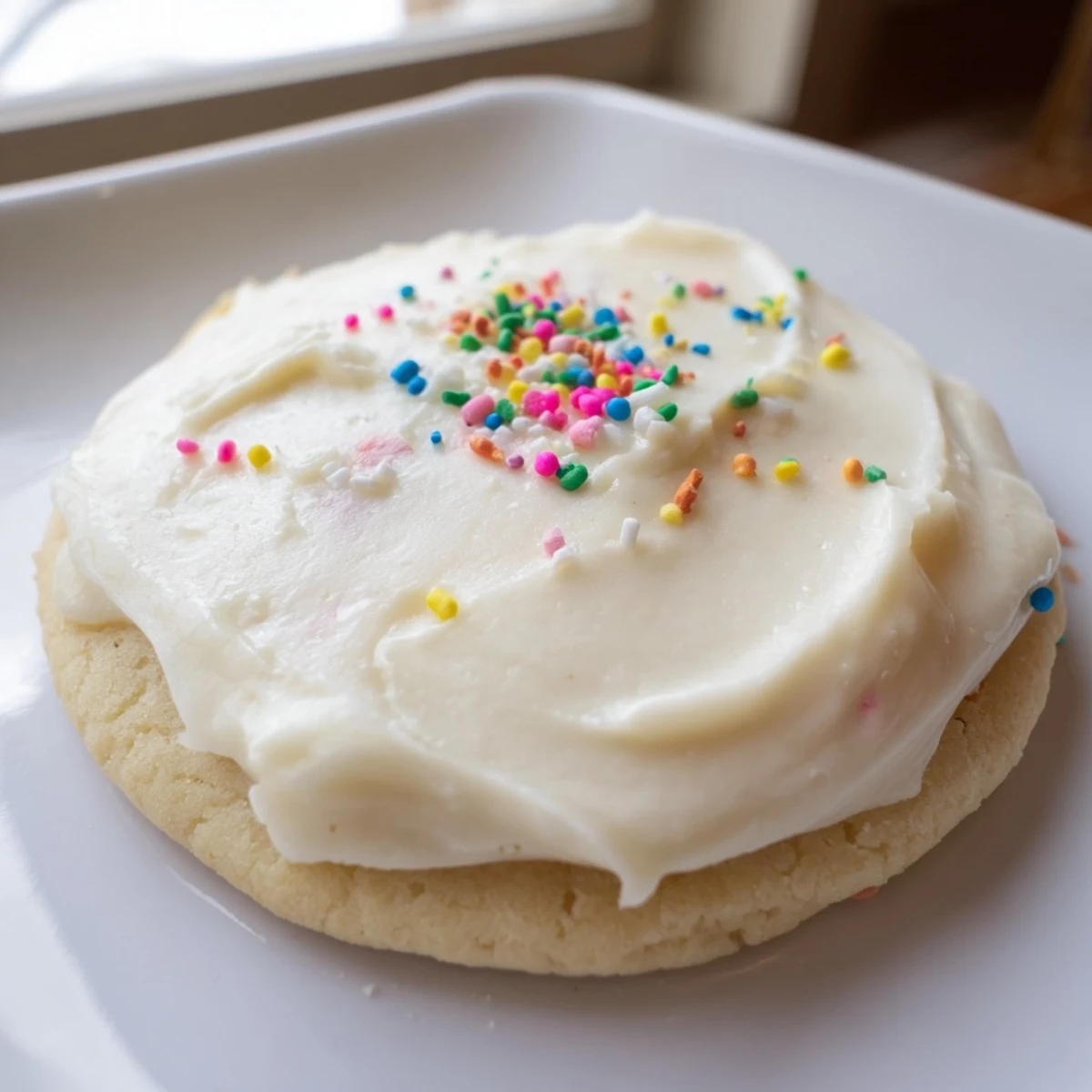 Frosted soft sour cream sugar cookies on a baking sheet ready to serve for a sweet occasion.