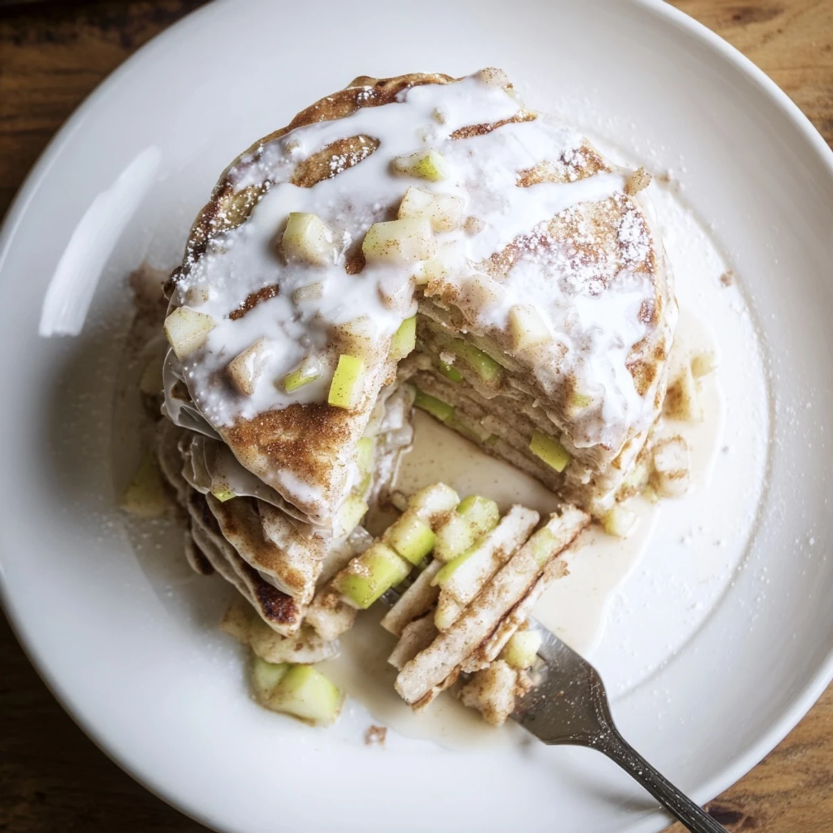 Homemade Apple Fritter Pancakes served warm with maple syrup beside them, featuring soft apples and a sweet drizzle.