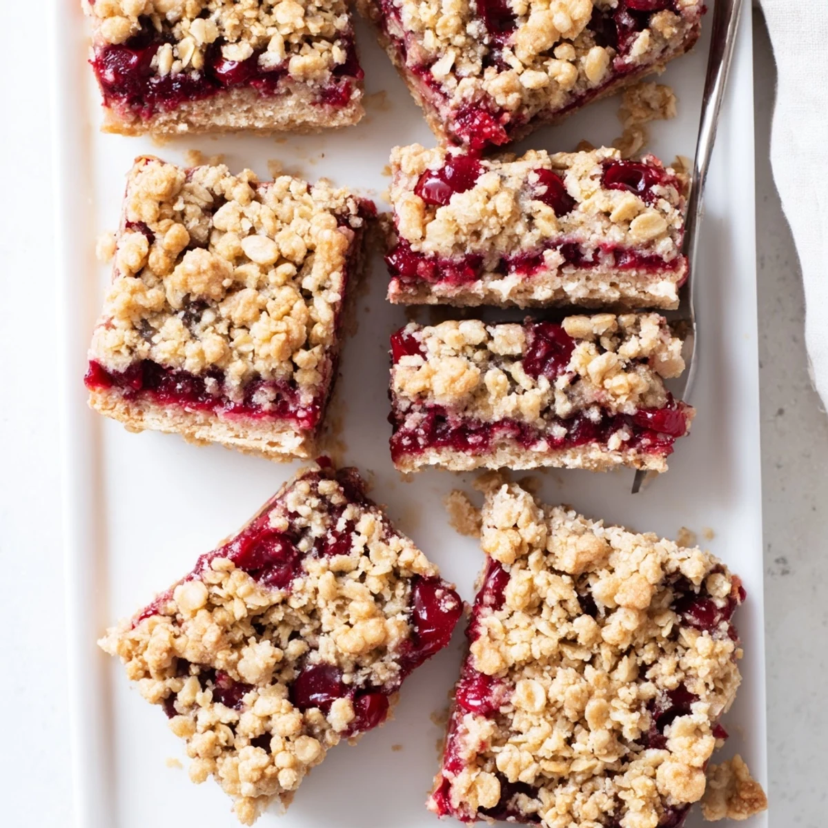 A close-up of Easy Tasty Cherry Crumble Bars showing a golden oat crumble top with vibrant red cherry filling peeking through, served on a rustic wooden board.