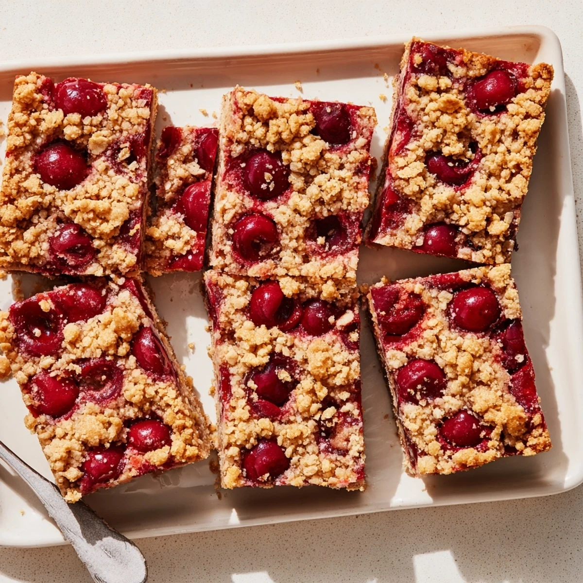 A freshly baked Easy Tasty Cherry Crumble Bars slice on a white plate, revealing layered crust and bubbling cherry filling, ready to be enjoyed with a cup of coffee.