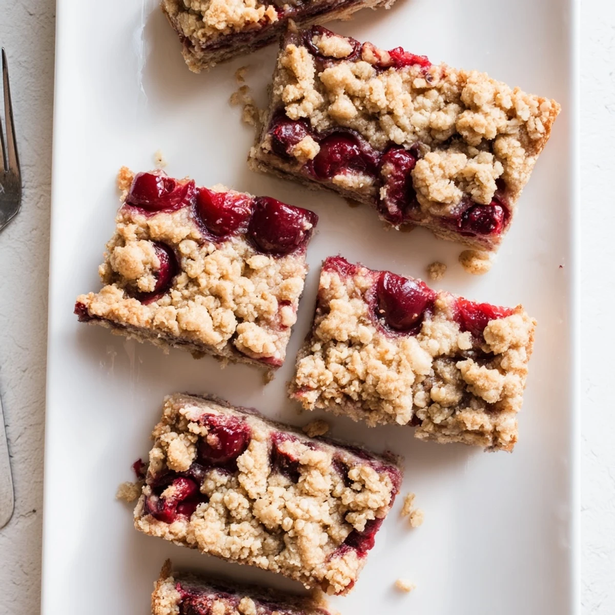 Overhead shot of Easy Tasty Cherry Crumble Bars in a glass baking dish, topped with oats and fresh cherries, perfect for a sweet afternoon treat or dessert.
