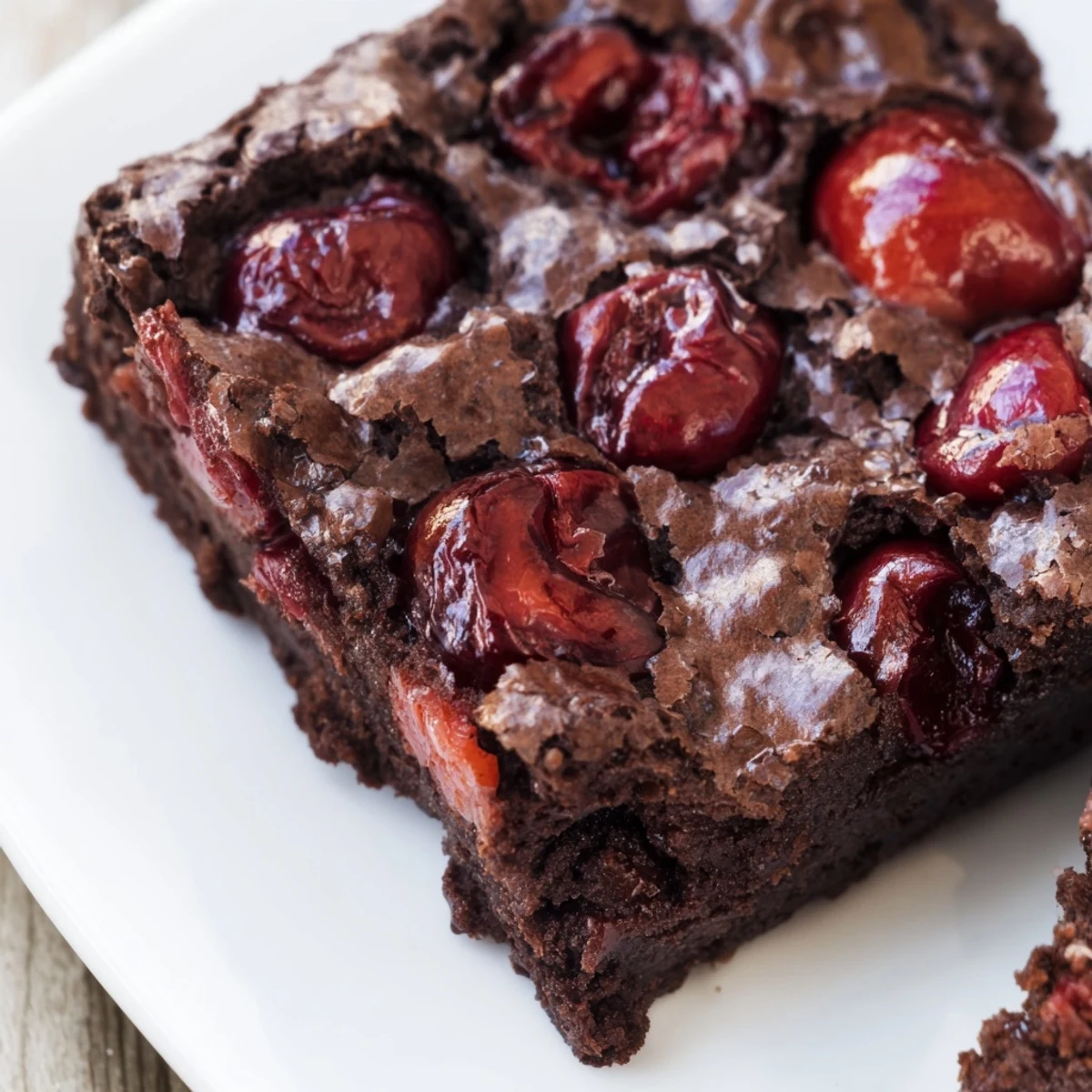 A close-up of Roasted Cherry Brownies, gooey chocolate chunks and juicy cherries visible in the slice.
