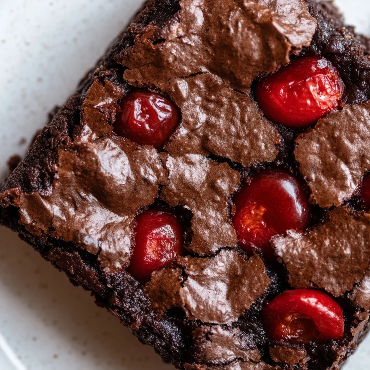 Fudgy Roasted Cherry Brownies topped with caramelized cherries, dusted with cocoa powder on a white plate.