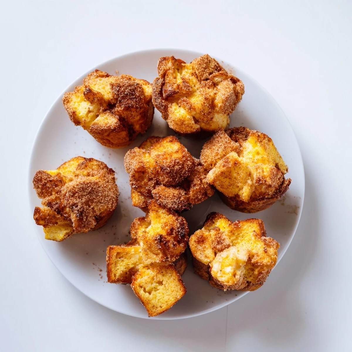 Overhead view of baked Cinnamon Sugar French Toast Muffins in a tin, brushed with butter and dusted with cinnamon sugar.