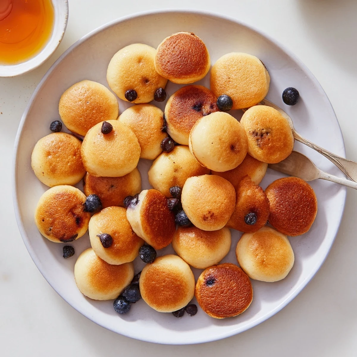 Freshly baked mini Pancake Poppers stacked high with melted butter and fruit preserve side dip.  