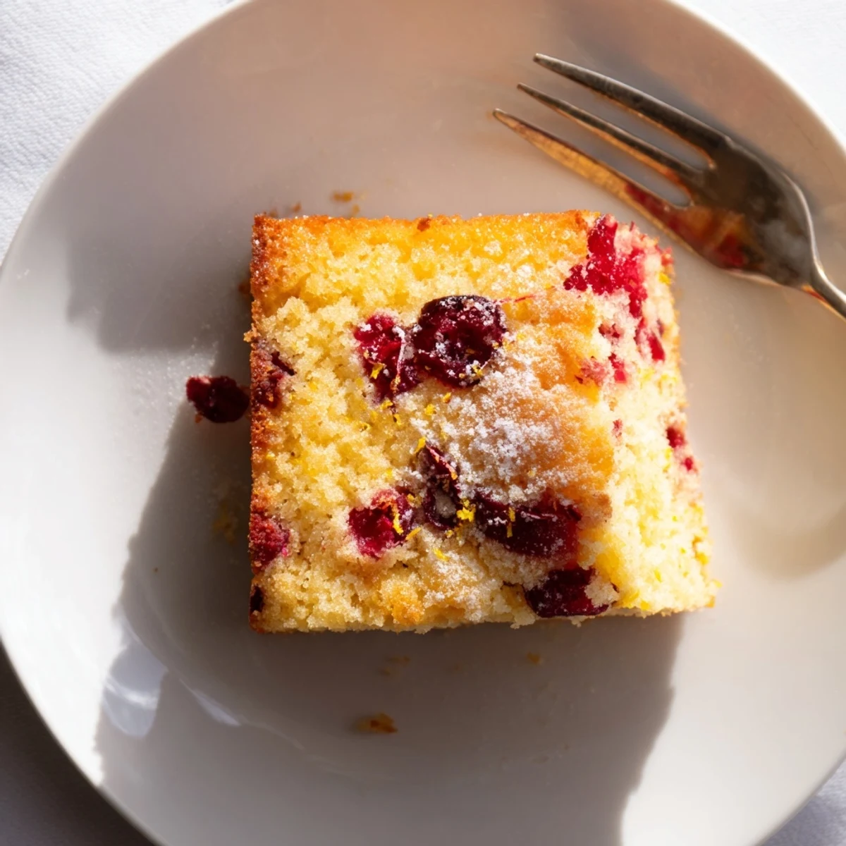Festive Cranberry Cake topped with sparkling sugar and orange zest, served on a white plate.
