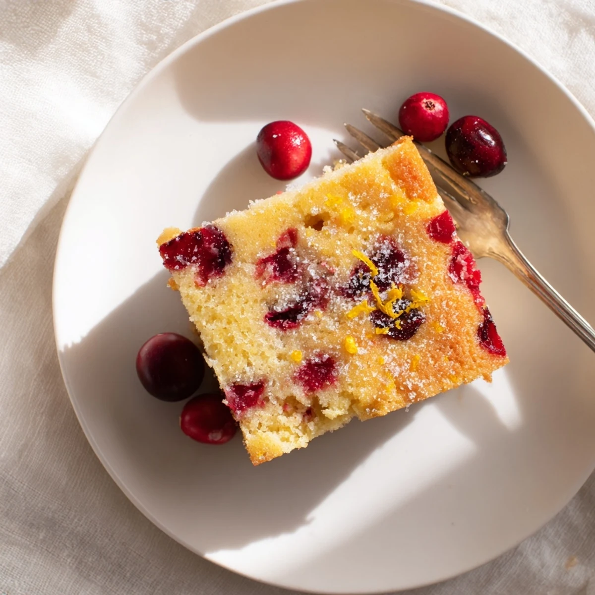 Moist Cranberry Cake with bright red berries peeking from the golden crumb, ready to slice.