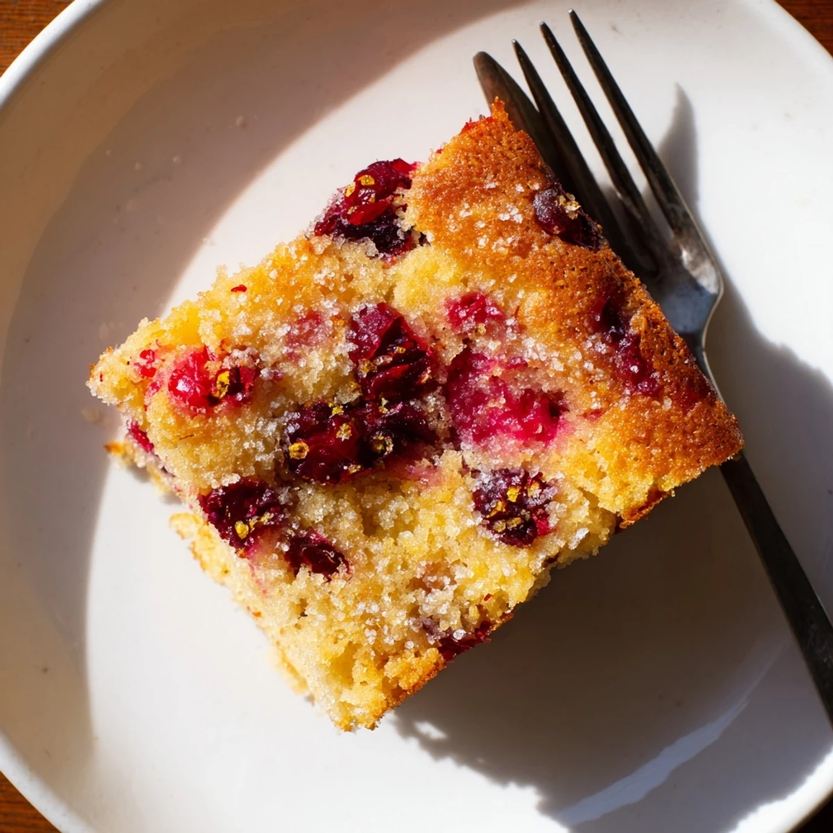 Warm slice of Cranberry Cake revealing tender crumb and tart cranberries on a wooden board.