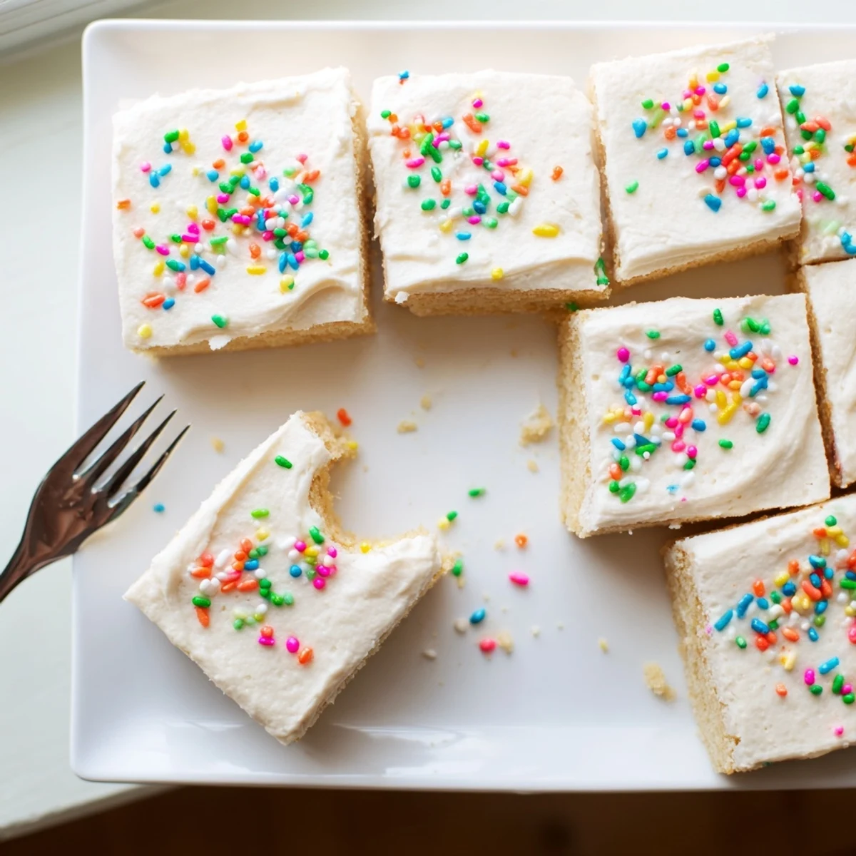 Square sugar cookie bars with creamy vanilla frosting and colorful sprinkles, stacked on a marble counter.
