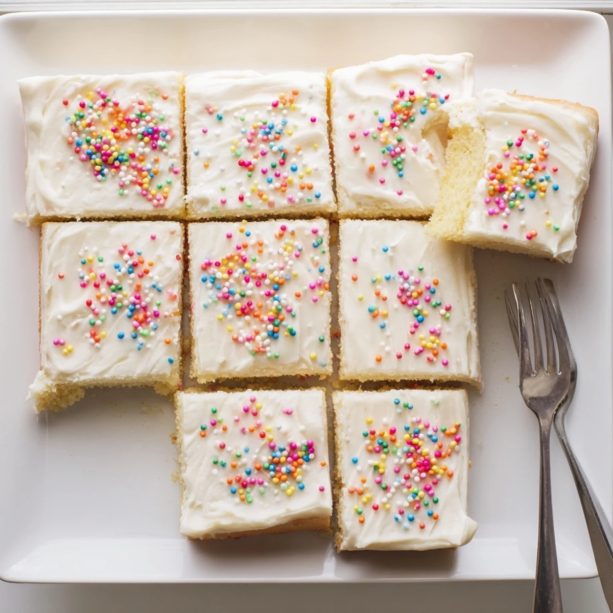 Freshly baked sugar cookie bars cut into neat squares, showing a soft crumb and smooth buttery frosting.