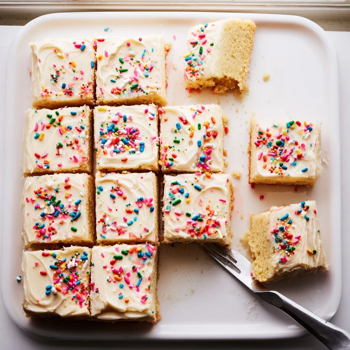 Golden sugar cookie bars with a thick swirl of frosting, arranged on a white plate for serving.