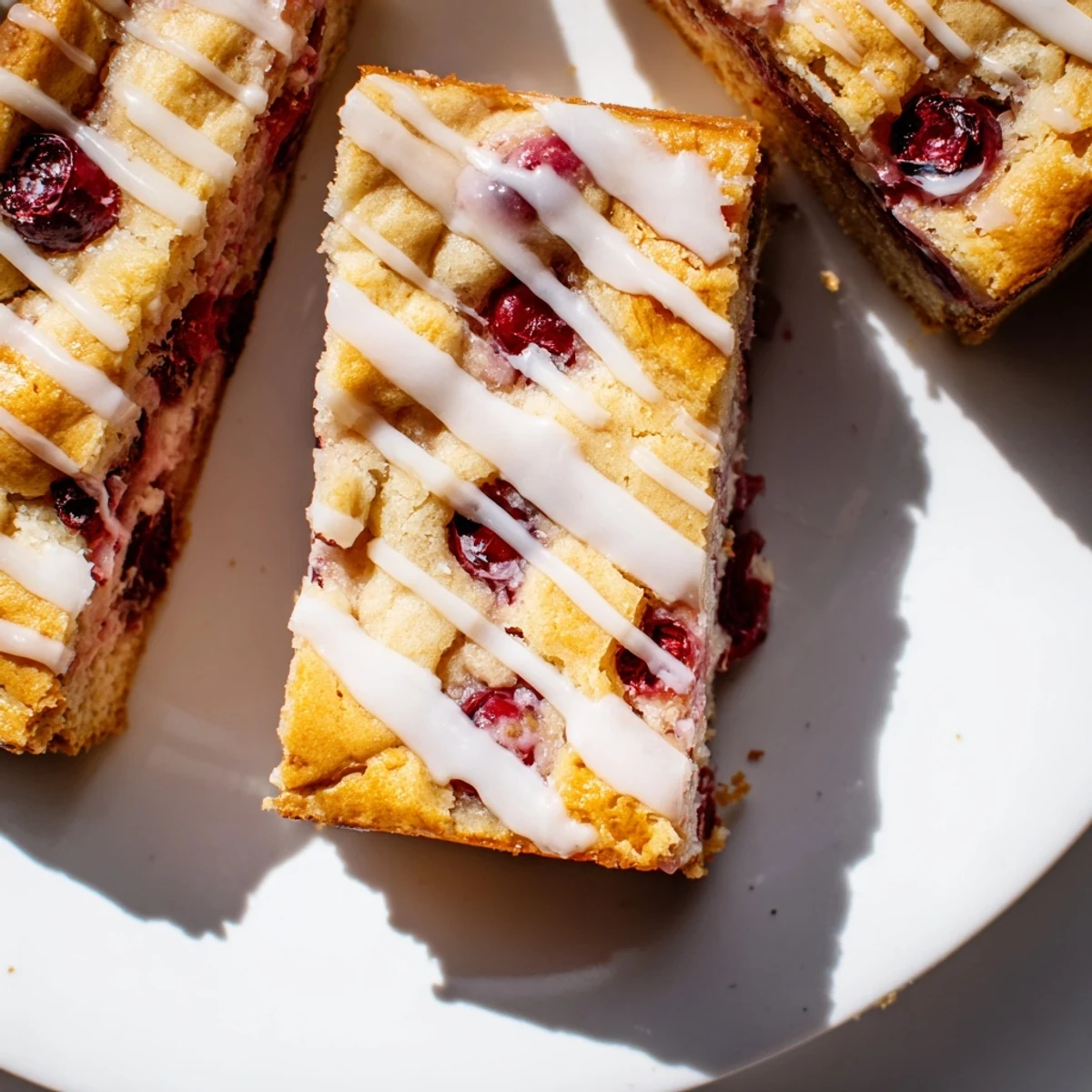 A close-up of Easy Cherry Pie Bars showing sweet cherry filling peeking through the buttery crumb topping and glaze.