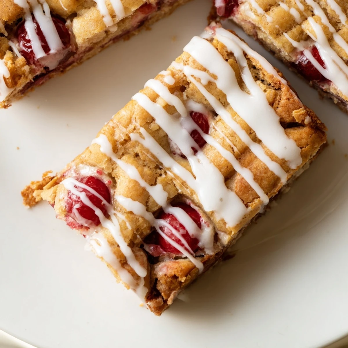Golden brown Easy Cherry Pie Bars with a shiny vanilla glaze, cut into squares on a rustic wooden cutting board.