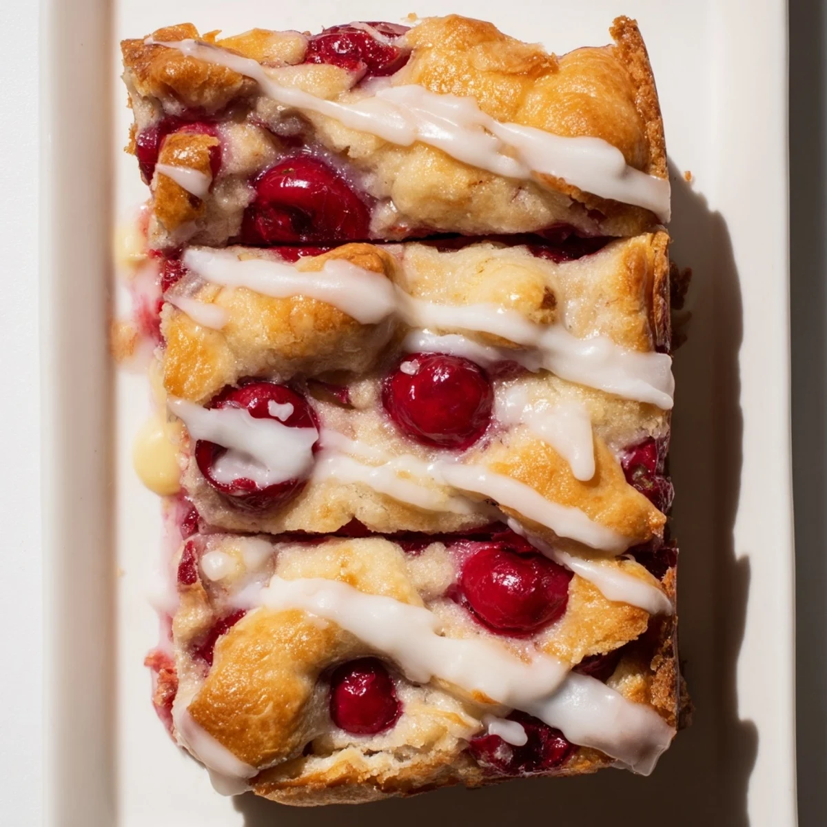 Easy Cherry Pie Bars arranged on a white plate with a scoop of vanilla ice cream melting beside them.