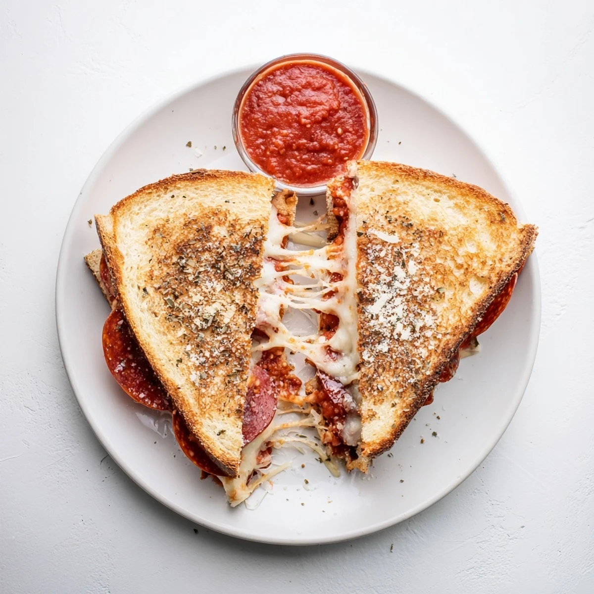 The freshly cooked Pizza Grilled Cheese sits on a cutting board, melted mozzarella stretching between crispy sourdough slices.