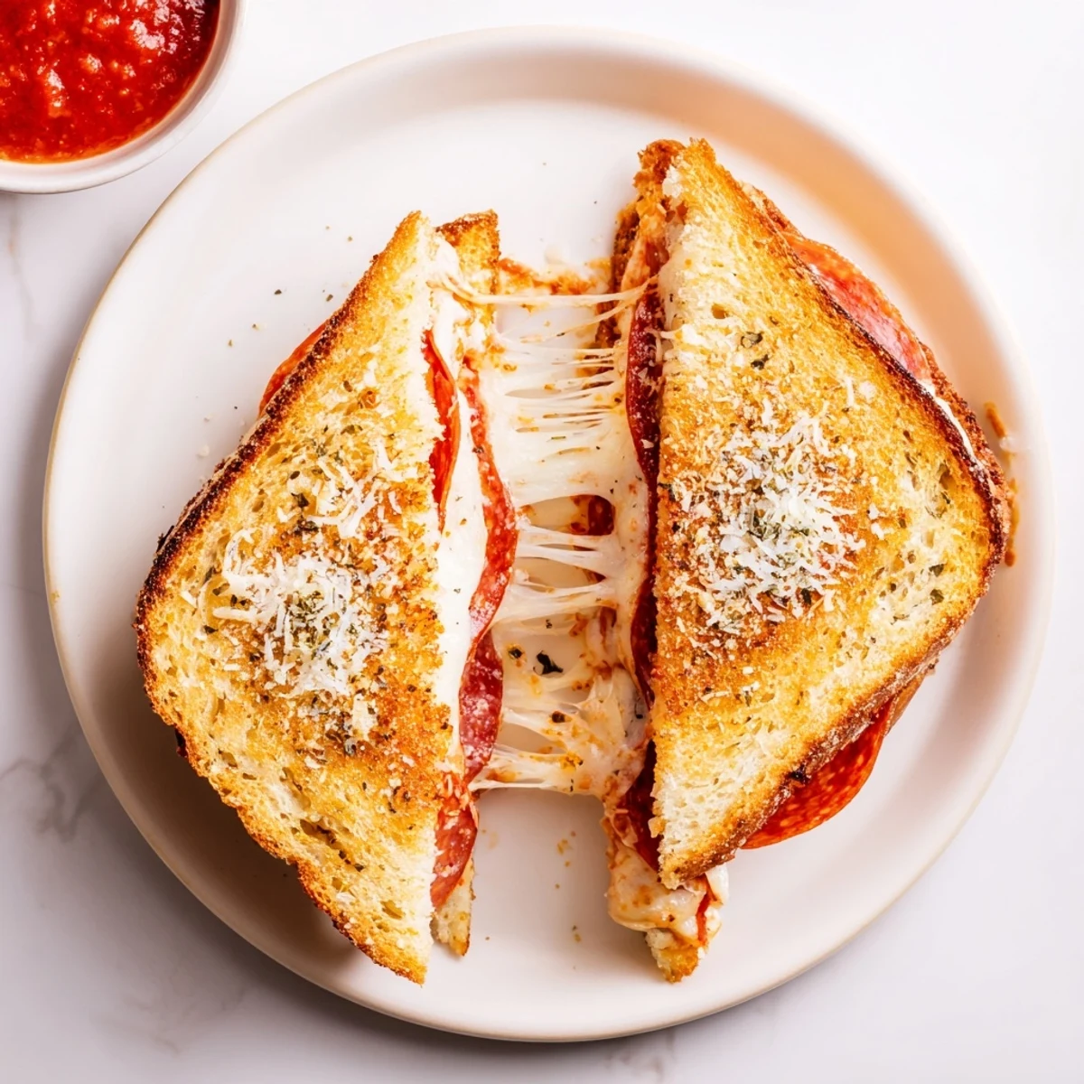 A close-up of a Pizza Grilled Cheese sandwich reveals layers of gooey mozzarella, pepperoni, and marinara sauce.