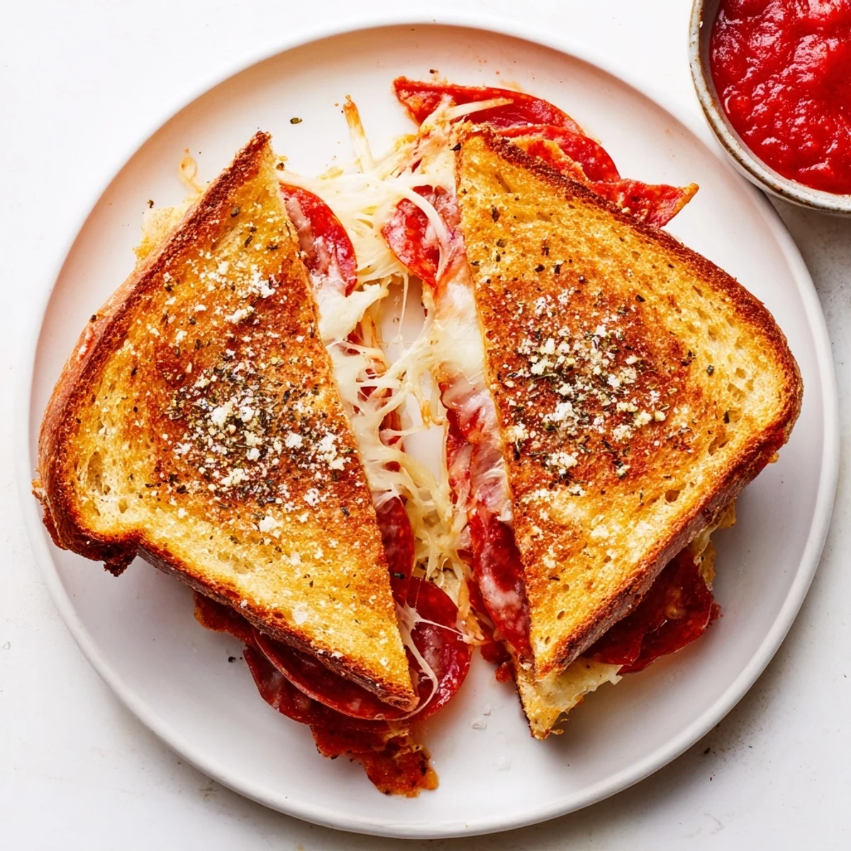 A delectable Pizza Grilled Cheese is served with a small bowl of dipping marinara and a side salad.
