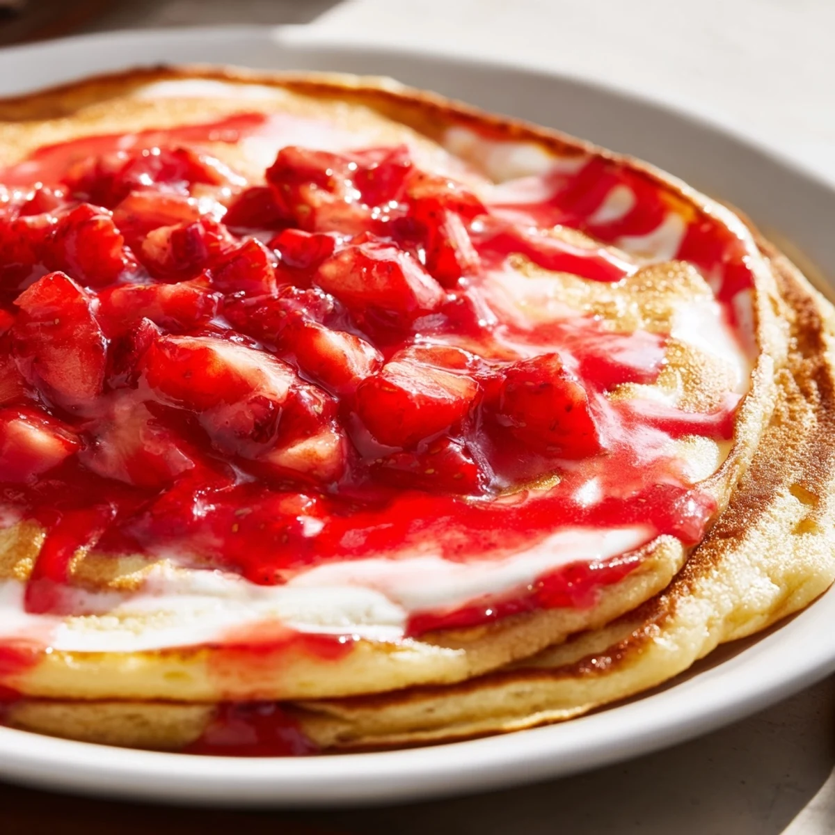 Golden-brown Fluffy Strawberry Cheesecake Pancakes stacked high, drizzled with a glossy strawberry sauce and a creamy cheesecake swirl.