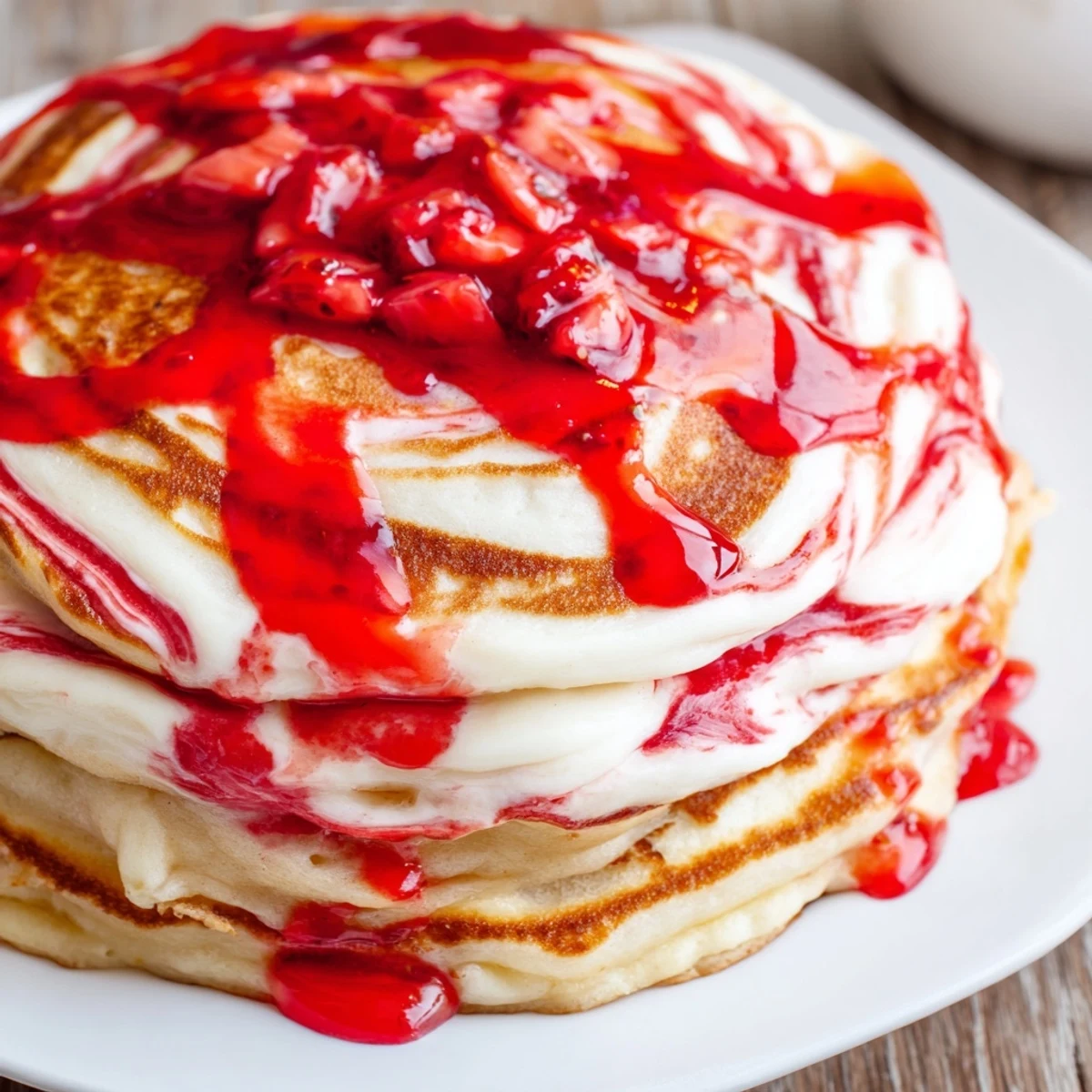 A close-up shot of Fluffy Strawberry Cheesecake Pancakes on a plate, topped with fresh diced strawberries and a dollop of whipped cream.